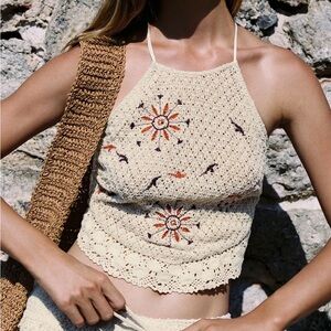 Zara Cream Crochet Halter Top with Orange and Purple Accents